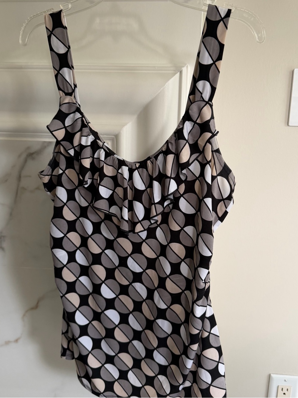 White House Black Market Black Geometric Ruffle Camisole